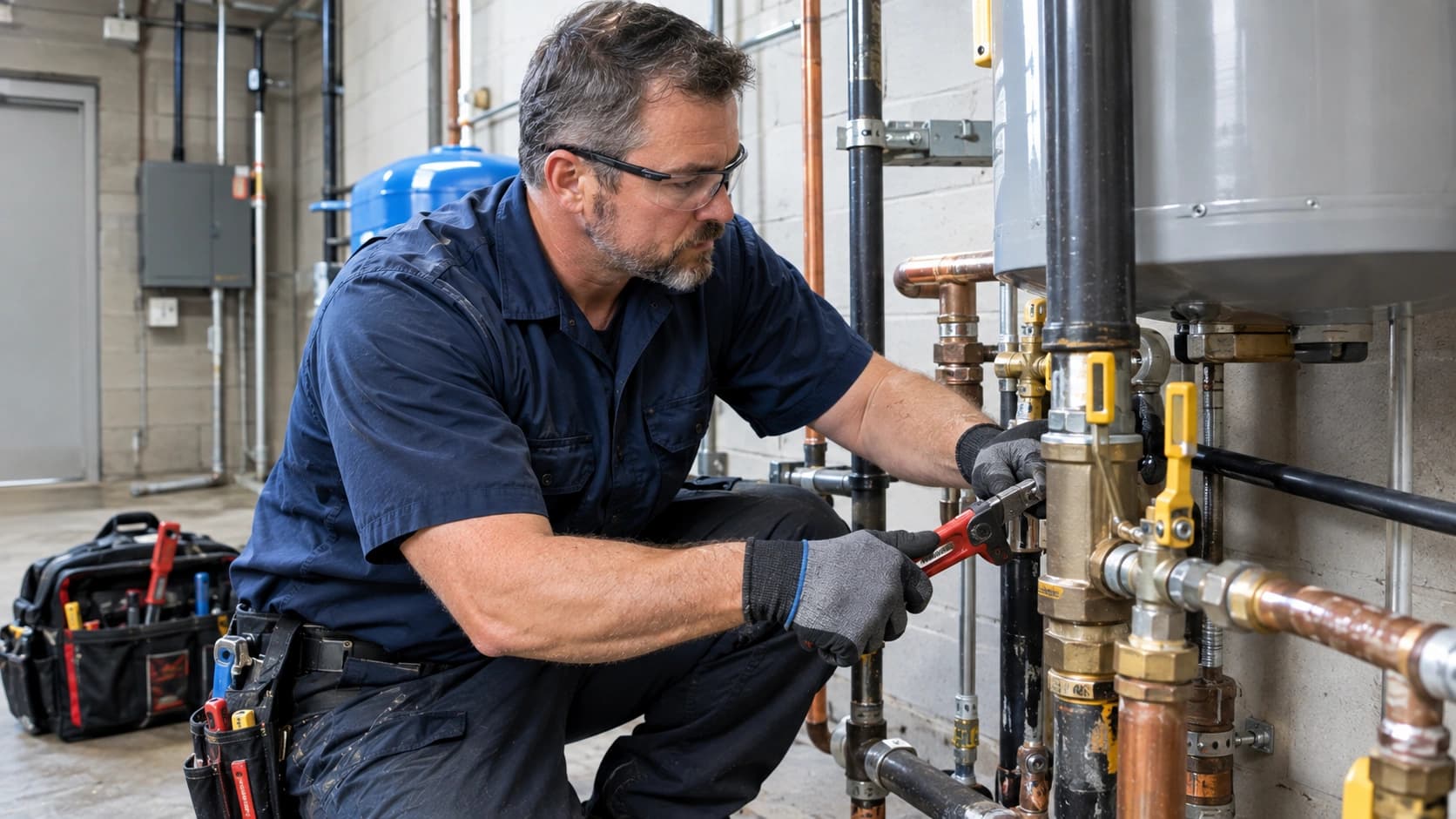 Plumber servicing commercial plumbing at a Tupelo, MS business