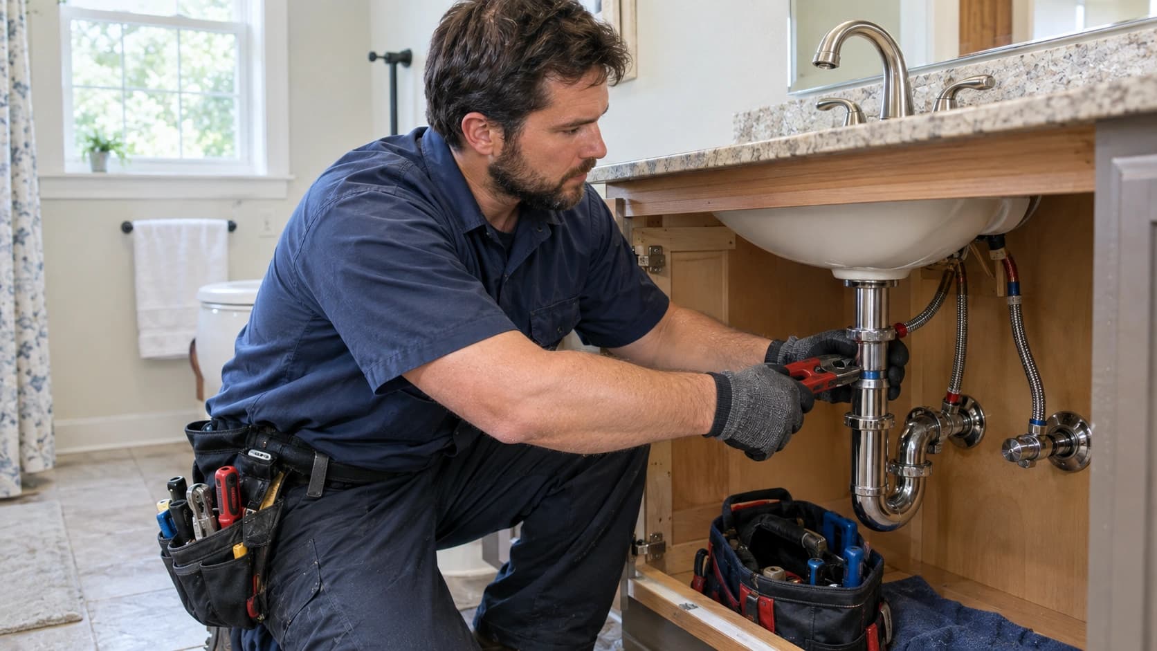 Plumber repairing a faucet fixture in a Tupelo, MS home
