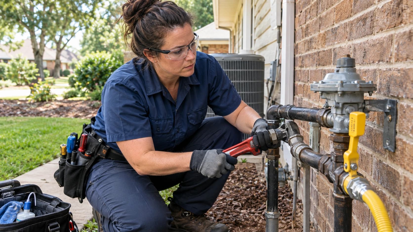 Plumber installing a gas line connection in Tupelo, MS
