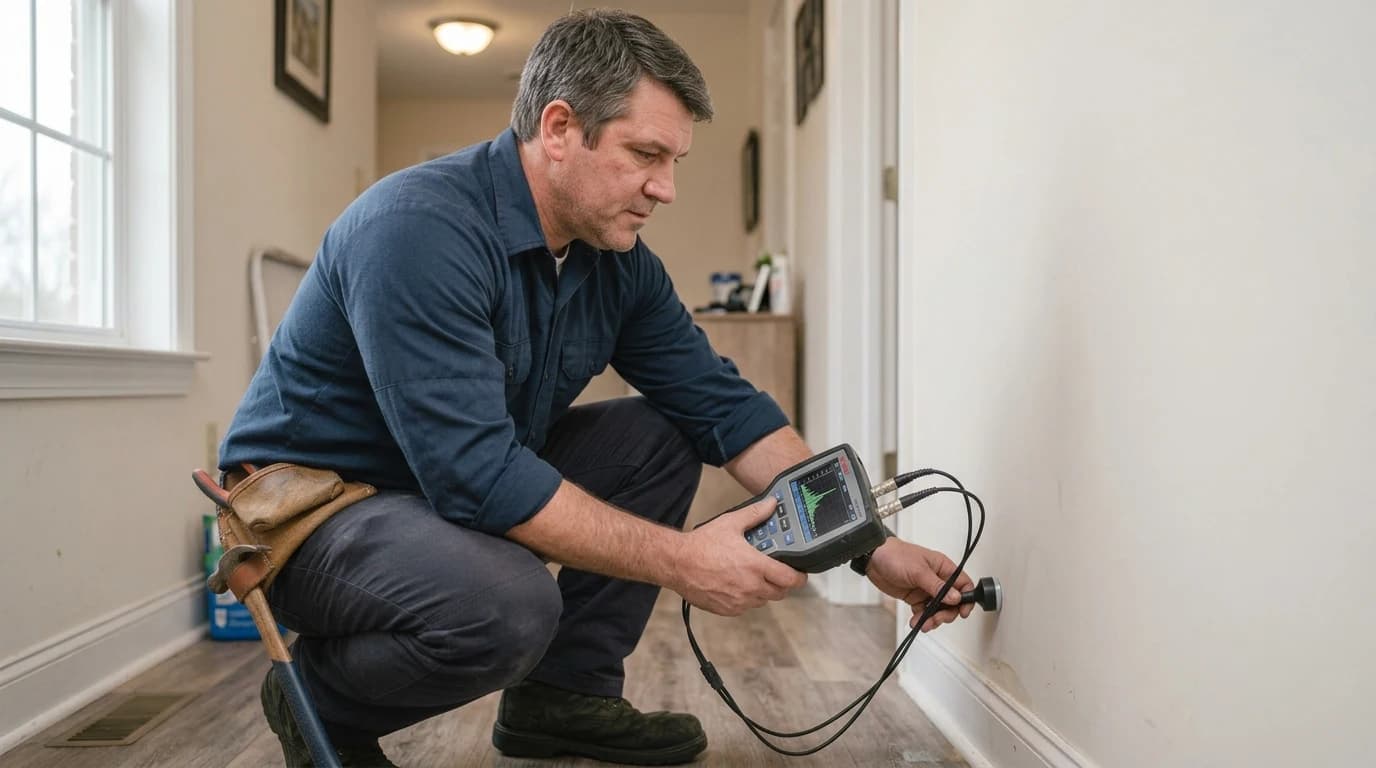 Plumber using leak detection equipment to locate a hidden water leak in Tupelo, MS