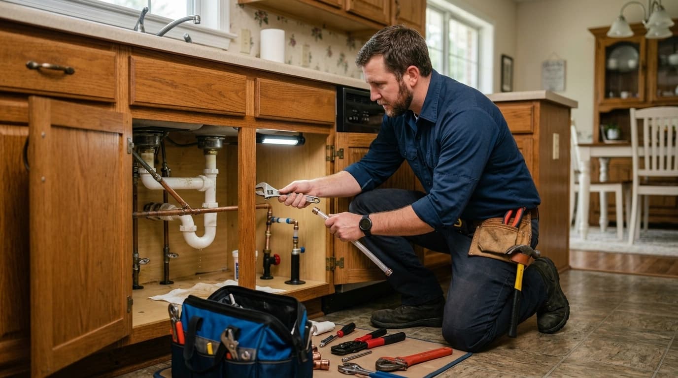 Plumber performing a standard plumbing repair in a Tupelo, MS home