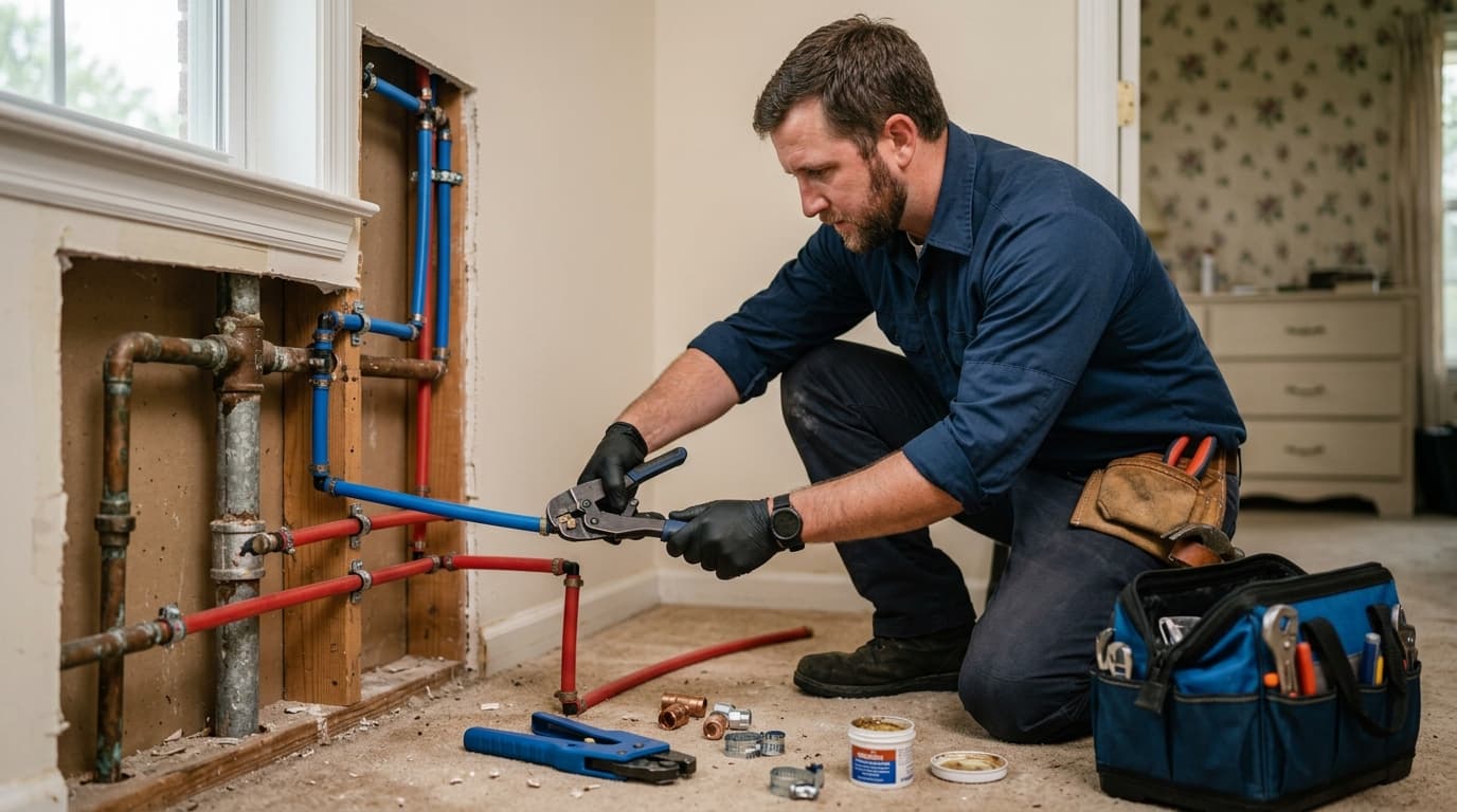 Plumber installing new supply piping during a whole-house repiping job in Tupelo, MS