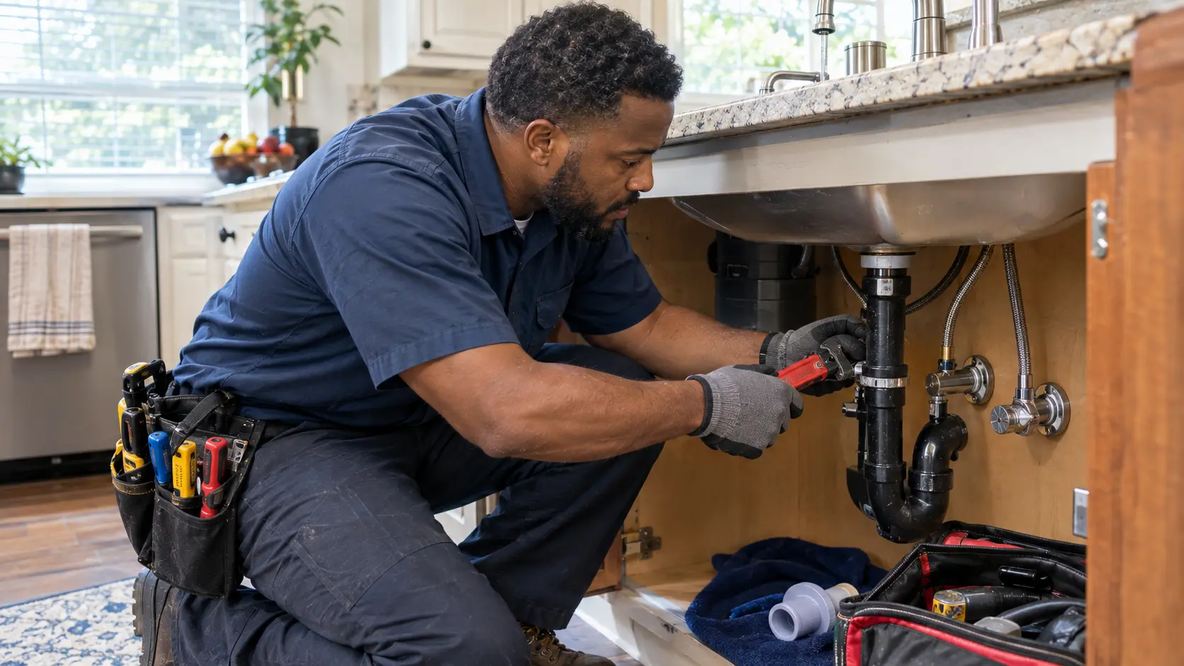 Plumber performing residential plumbing service in a Tupelo, MS home