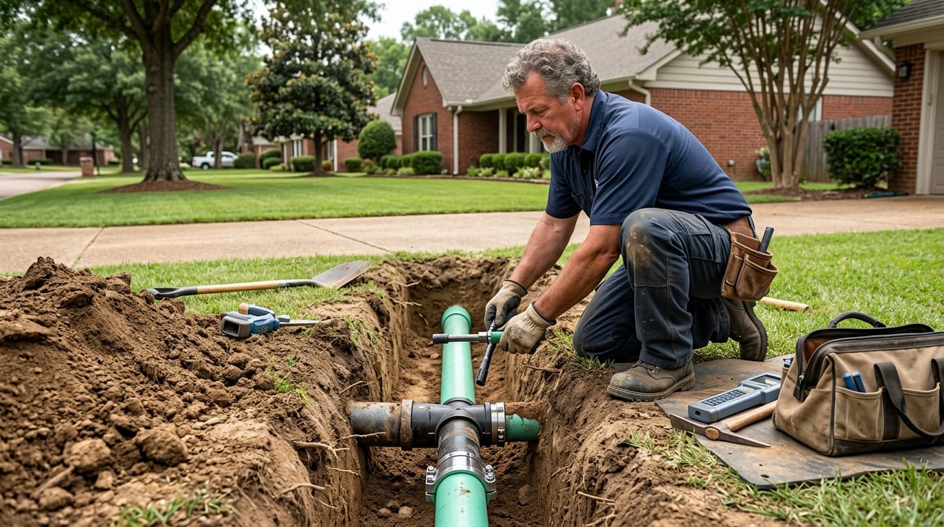 Plumber repairing a main sewer line in Tupelo, MS