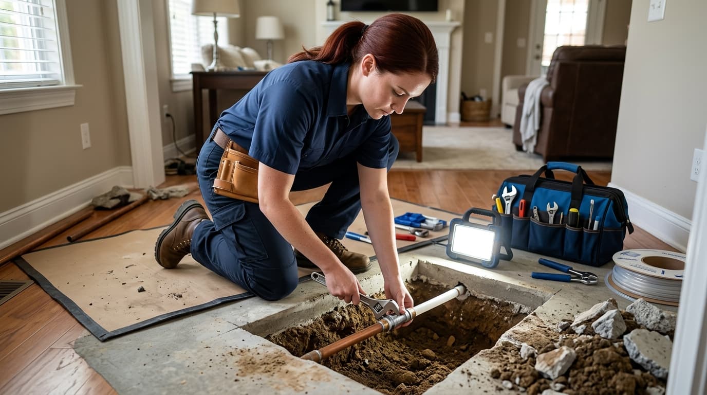 Plumber diagnosing a slab leak beneath a concrete foundation in Tupelo, MS