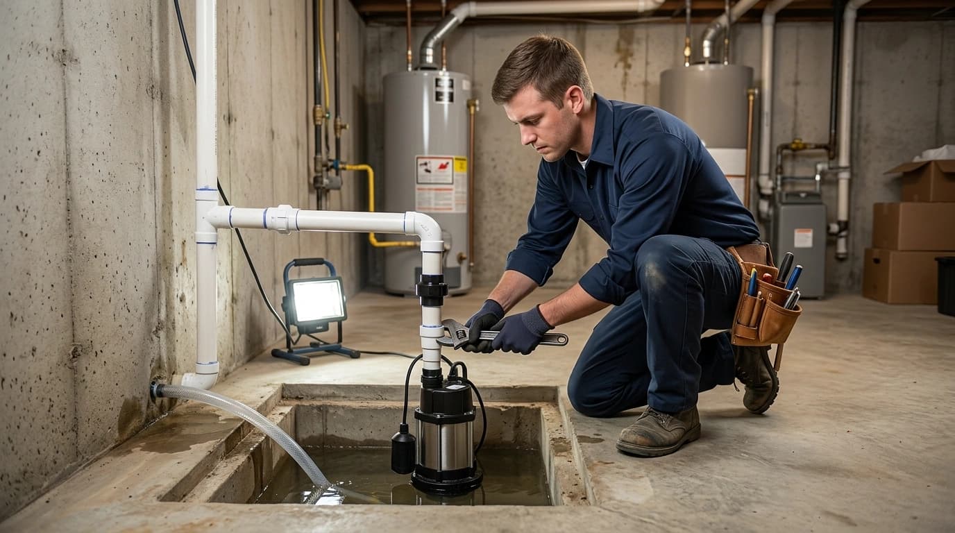 Plumber installing a sump pump in a Tupelo, MS basement or crawl space