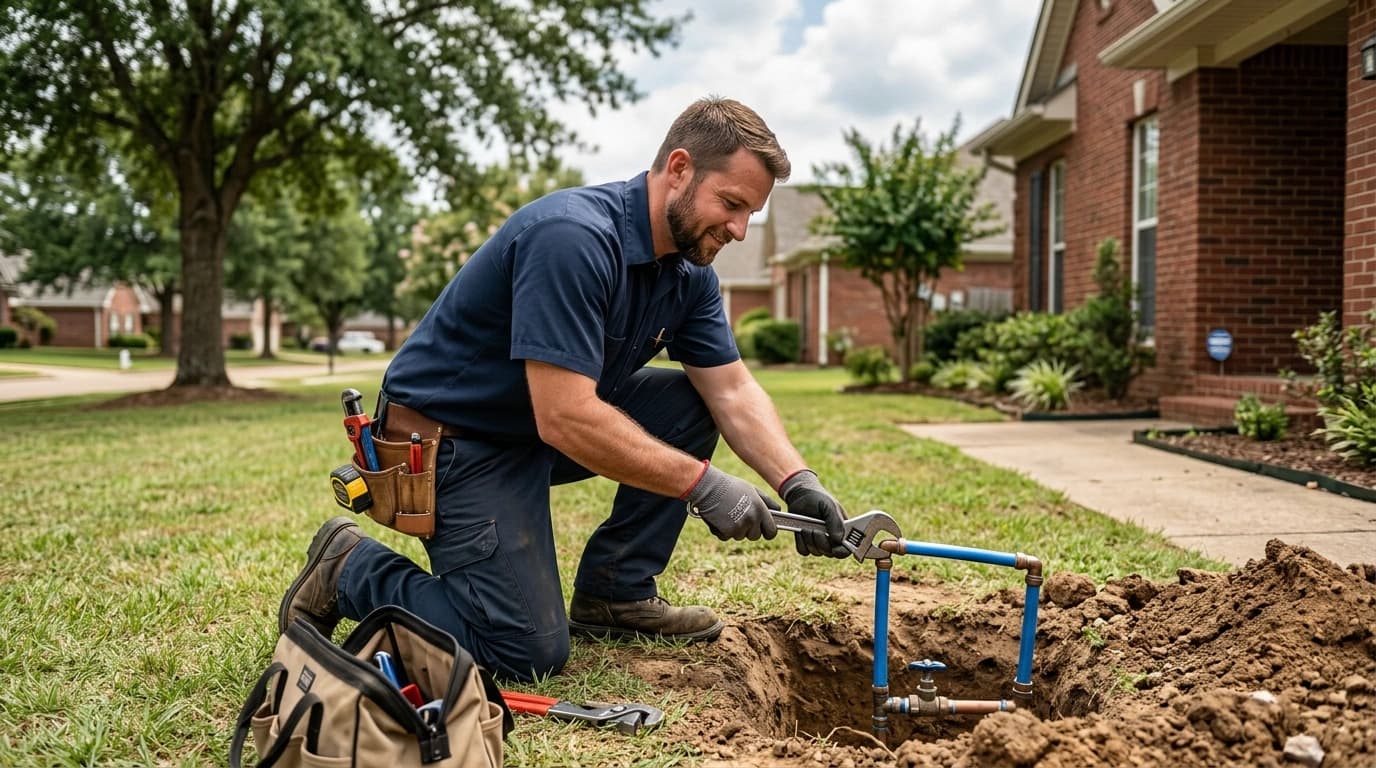 Plumber working on an underground water line in Tupelo, MS